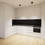 Biała kuchnia na wymiar w połysku z czarnym blatem i nowoczesnym wykończeniem wizualizacja 1