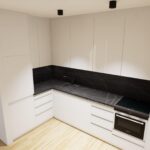 Biała kuchnia na wymiar w połysku z czarnym blatem i nowoczesnym wykończeniem wizualizacja 2