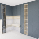 Projekt mebli na wymiar do pokoju dziecięcego z biurkiem i szafami